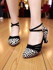 economico Scarpe per balli latini-Scarpe da ballo latino professionali da donna con stampa leopardata - tacchi da sala da ballo con cinturini in pelle scamosciata e rete per salsa, tango e gare di performance