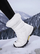 preiswerte Schnee- und Winterstiefel-Weiße Damen-Winterstiefel mit Fellbesatz – wasserdichte Schnürstiefeletten mit Plateau für Wandern, Skitouren und Wintersport