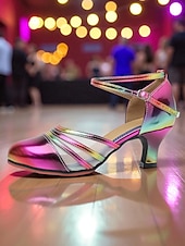 economico Scarpe per balli latini-Scarpe da ballo latino professionali da donna con stampa leopardata - tacchi da sala da ballo con cinturini in pelle scamosciata e rete per salsa, tango e gare di performance