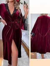 preiswerte Valentinstag Schlaf &amp; Lounge-Damen Robe Lässig Komfort Einfarbig Schnürung Heim Täglich Langarm V Ausschnitt Blau Wein Grün Sommer Frühling Herbst Winter Normale Passform