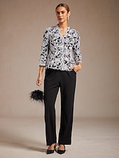  女性用 ドレッシーなトップス 刺繍 フラワー ペーズリー エレガント 七分袖 Ｖネック レギュラートップス ワーク パーティー セミフォーマル ブラック 春 秋 冬