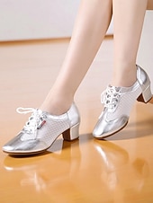 baratos Ténis de Dança-Sapatos de dança de salão femininos prateados com cadarço - sapatos confortáveis de salto baixo para prática de dança latina, salsa, tango e apresentações de palco.