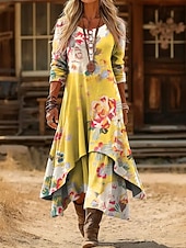 abordables Robes fleuries élégantes-Femmes Robe Midi Robe fourreau Occasionnel Quotidien Fête Coupe régulière Fleuri Graphique manche longue Col ras du cou Jaune Violet Automne Hiver
