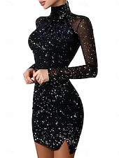 Χαμηλού Κόστους Απλό Φόρεμα-Γυναικεία Μίνι φόρεμα Φόρεμα σε ευθεία γραμμή Κομψό Πάρτι κοκτέιλ ΕΞΩΤΕΡΙΚΟΥ ΧΩΡΟΥ Πάρτι Επισκέπτης γάμου Κουρελού Sparkle Tulle Κανονικό Συμπαγές Χρώμα Μακρυμάνικο Ζιβάγκο Μαύρο