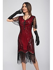 preiswerte 1920er Kleider-Goldene Zwanziger 1920er Knielang Flapper Kleid Kurze Ärmel Der große Gatsby Pailletten Fransen V Ausschnitt Kostüm Damen Weihnachten Karneval Flüsterkneipe Maskerade Retro-Mottoparty Erwachsene
