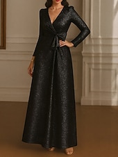 cheap A-Line Evening Dresses-A-Line Floor Length Evening Gown Elegant Glittering Sparkle Long Sleeve V Neck Formal Wedding Lurex Fabric with Bow(s)