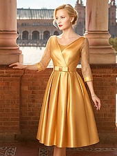 billige Te Lengde-A-Line Te Lengde Festkjole Cocktailkjole Bryllupsgjesterkjole Mor til bruden kjole 3/4 Lengde Ermekraft Crew Neck Elegant Vintage Fest med Blonder Folds