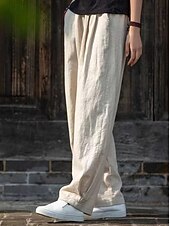 voordelige Damesbroeken en rokken-Dames Imitatie katoenlinnen Broek Zomerbroek Wijde broek Vakantie Vintage Etnische stijl Volledige lengte Hoge taille Inelastisch Strand Straat Causaal Bean Green Ruwe hennep kleur Zwart Marineblauw