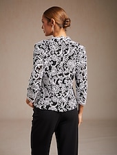  女性用 ドレッシーなトップス 刺繍 フラワー ペーズリー エレガント 七分袖 Ｖネック レギュラートップス ワーク パーティー セミフォーマル ブラック 春 秋 冬