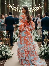 baratos Comprimento do chão-Vestido de Convidada de Casamento em Comprimento de Chão com Mangas Longas e Decote em V Vestido de Mãe da Noiva Vestido de Festa com Estampa