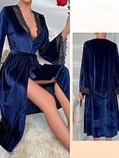 preiswerte Valentinstag Schlaf &amp; Lounge-Damen Robe Lässig Komfort Einfarbig Schnürung Heim Täglich Langarm V Ausschnitt Blau Wein Grün Sommer Frühling Herbst Winter Normale Passform