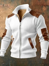 cheap Casual Jackets-Men's Winter Coat Fleece Jacket Casual Jacket Outdoor Casual Thermal Warm Patchwork Pocket Fall Winter Plaid Streetwear Daily High Neck Regular Camel Black White Navy Blue Brown Jacket