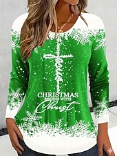 Χαμηλού Κόστους Χριστουγεννιάτικα Μπλουζάκια-Χριστουγεννιάτικα γυναικεία T-shirt γραφικά vintage μόδας στυλάτο μακρύ μανίκι crew neck στρογγυλή στολή κανονικά μπλουζάκια καθημερινής εκτύπωσης Σαββατοκύριακου μαύρο χρυσό καλοκαίρι άνοιξη