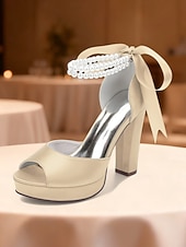 baratos Sandálias de Plataforma-Sandálias femininas de salto alto plataforma em cetim roxo com tira de pérolas no tornozelo - sapatos de festa glamorosos de bico aberto para eventos noturnos, casamentos e coquetéis.