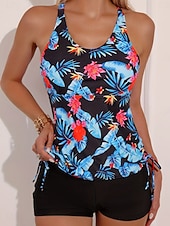 economico Tankini-Costume da bagno 2 pezzi tankini da donna con palme pantaloni corti controllo della pancia alta vita slim senza schienale per vacanze in spiaggia foglie floreali scollo a halter senza maniche