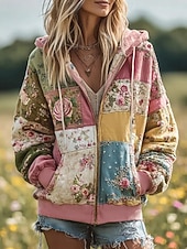 halpa Kukalliset yläosat-Naisten 3D Print Vintage Boho Huppari Patchwork Huppari Sweatshirt Kukallinen Hupparilla Sweatshirt Takki Pitkähihaiset Zip Up Taskulla Kevyt Rentoa Zip Up s Kadun Arkivaatteita Patchwork Tasku Syksy