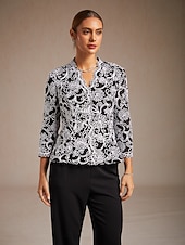  女性用 ドレッシーなトップス 刺繍 フラワー ペーズリー エレガント 七分袖 Ｖネック レギュラートップス ワーク パーティー セミフォーマル ブラック 春 秋 冬