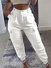 abordables pantalon cargo femme-Femmes Pantalons Cargo Chinos Streetwear Occasionnel Longueur complète Taille moyenne Uni Avec Poches Taille Élastique Confortable Non Elastique Quotidien Extérieur Vacances Blanche Été Printemps