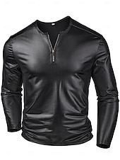 abordables camisetas basicas-Camiseta de piel sintética para hombre, manga larga, cuello redondo, ideal para invierno y primavera. &amp;Camiseta negra informal de punto de color liso para hombre, ideal para otoño y todas las
