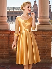 billige Te Lengde-A-Line Te Lengde Festkjole Cocktailkjole Bryllupsgjesterkjole Mor til bruden kjole 3/4 Lengde Ermekraft Crew Neck Elegant Vintage Fest med Blonder Folds