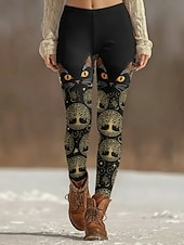  Dam Damasker Mysiga leggings Semester Vintage Etnisk Stil Fullängd Hög midja Grafisk Katt Tryck Bekväm Elastisk Ledigt Dagligen Semester Svart Gul Grön Mörkgrå Vår Höst Smal passform