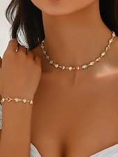 baratos Dia dos Namorados-Conjunto de colar e pulseira com pingente em formato de coração, feito de liga metálica, disponível em diversas cores – acessório perfeito para o Natal e Dia dos Namorados.