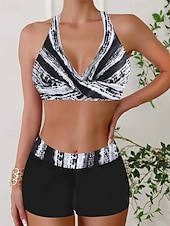 cheap Tankinis-Women's Swimwear 2 Piece Shorts Swimsuit Backless Vacation Beach Wear Geometic V Neck Sleeveless Bathing Suits