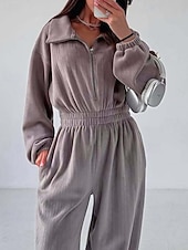 voordelige Romper-Dames Loungewear Rompertjes Modieus Sport Casual Heldere kleur Vetoketju Vakantie Huis Afspraakje Lange mouw Overhemdkraag Zwart Wit Wijn Bruin Donkergrijs Lente Herfst Winter Getailleerd