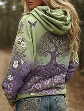 billige Kunst og design topper-Dame Pullover hettegenser-genser Grafisk Geometrisk Abstrakt Varm Årgang Fritid Langermet Med hette Vanlige topper Gate Hverdag Avslappet Trykt mønster Lomme foran Blå Grønn Høst Vinter