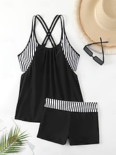 رخيصةأون مايوهات تانكيني-بدلة سباحة نسائية تانكيني قطعتين شورتات تحكم في البطن عالية الخصر نحيف بدون ظهر ملابس شاطئ إجازة مزينة بخطوط برقبة على شكل حرف U بدون أكمام