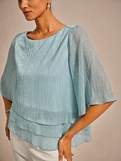  Damen Bluse Elegante Oberteile Chiffon Tops Spitzentops Plissiert Glitzer Elegant Rundhalsausschnitt Normale Oberteile Hochzeitsgast Ausgehen Leicht Blau Frühling Herbst