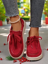abordables Femmes-Chaussures rouges décontractées à lacets pour femmes - mocassins plats souples et antidérapants, chaussures confortables au quotidien pour Noël, le shopping et les voyages