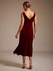  Damen Midikleid Trompeten- Meerjungfrauenkleid Elegant Party Hochzeitsgast Cocktailparty Normale Passform Einfarbig Ärmellos Wasserfallausschnitt Wein