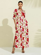 cheap Casual Dress-Abstract Floral Print Long Shirt Maxi Dress Vacation Casual