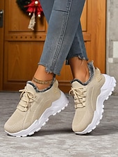 tanie Trampki damskie-Damskie czerwone trampki z podszewką z polaru - ciepłe, dzianinowe buty codzienne z antypoślizgową podeszwą, wygodne obuwie świąteczne na zimowe spacery i podróże