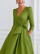 cheap A-Line Evening Dresses-A-Line Asymmetrical Ball Gown with Cape Evening Gown Formal Dress Elegant Long Sleeve V Neck Formal Wedding Pocket Satin with Pleats Pocket