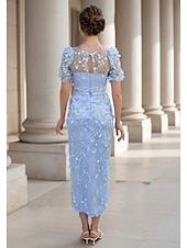 cheap Cocktail Dresses-Sheath / Column Tea Length Cocktail Dresses Evening Gown Party Dresses Elegant Glittering Celebrity Style Short Sleeve Crew Neck Formal Wedding Lace with Beading Appliques