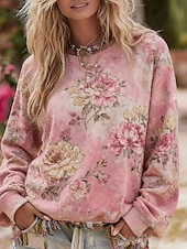 preiswerte Blumenblusen-Damen Pullover Sweatshirt Blumen Lässig Langarm Rundhalsausschnitt Normale Oberteile Lässig Straße Alltagskleidung Rosa Frühling Herbst Winter