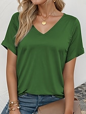 abordables Camiseta lisa-Camiseta de mujer, informal, con estampado de rayas, manga corta, cuello en V, para uso diario, en blanco y negro, para verano