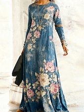 cheap Print Floral Dresses-Women's Long Dress Maxi Dress Casual Dress Swing Dress Boho Dress Vintage Daily Outdoor Weekend Regular Fit Floral Long Sleeve Crew Neck Blue Spring Fall Winter