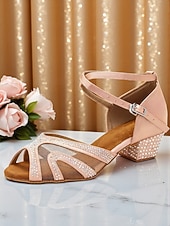 economico Scarpe per balli latini-Scarpe da ballo da sala da donna con strass - tacchi latini aperti in rete con tacco basso a blocco, stile festa scintillante per salsa, tango &amp;eventi di danza formale