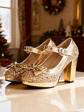 cheap 1920s &amp; Gatsby Era-Women's Red Glitter Mary Jane Heels with Heart Buckle and Bow Detail - Festive Christmas Style, Perfect for Holiday Parties, New Year Celebrations and Formal Occasions