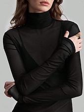voordelige Effen t-shirt-Dames Blouse Lapwerk Netstof Effen Kleur Elegant Stijlvol Basic Lange mouw Coltrui Normale tops Dagelijks Grijs-Groen Zwart Wijn Marineblauw Bruin Zomer Lente Herfst