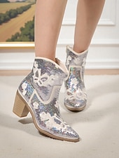 Недорогие Ковбой и западные ботинки-женские ботильоны в стиле вестерн с золотыми пайетками и цветочной вышивкой – удобный блочный каблук для вечеринок, фестивалей и повседневной носки