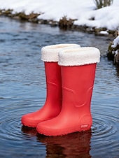 abordables Bottes de neige et d'hiver-Bottes de pluie rouges imperméables pour femmes avec revers amovible en fausse fourrure – des chaussures résistantes et élégantes pour les intempéries, les aventures en plein air et les activités de jardinage.