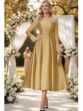 economico Lunghezza alla caviglia-Linea ad A Lunghezza alla caviglia Vestito da Festa Abito da Cocktail Abito da invitata a nozze Abito da cerimonia per signora Manica Lunga Senza Spalle Elegante Formale Raso con Perle