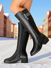 cheap Snow &amp; Winter Boots-Women's Black Leather Knee-High Boots with Wool Lining - Stylish Winter Fashion, Perfect for Cold Weather, Outdoor Activities and Casual Outings