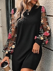 cheap Mini Black Dress-Women's Mini Dress Casual Dress T Shirt Dress Tee Dress Print Dress Modern Daily Outdoor Vacation Regular Fit Floral Long Sleeve Crew Neck Blue Black Apricot Summer Spring