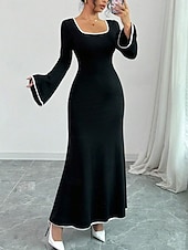 economico Vestito bianco-Per donna Abito maxi Tubino Casual Quotidiano Vestibilità regolare Semplice Manica Lunga Collo a U Nero Primavera Autunno Inverno