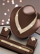 baratos Colar Feminino-Conjunto de joias femininas douradas com strass - colar e pulseira deslumbrantes e brilhantes &amp;Brincos, acessórios glamorosos para festas de casamento e eventos noturnos. &amp;eventos especiais